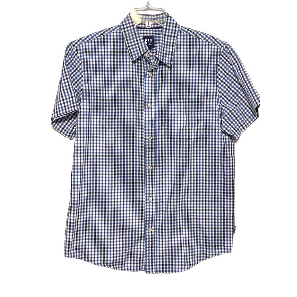 Gap Asher Plaid Short Sleeve Poplin Shirt Blue‎ & White Pocket Men's Medium NWT